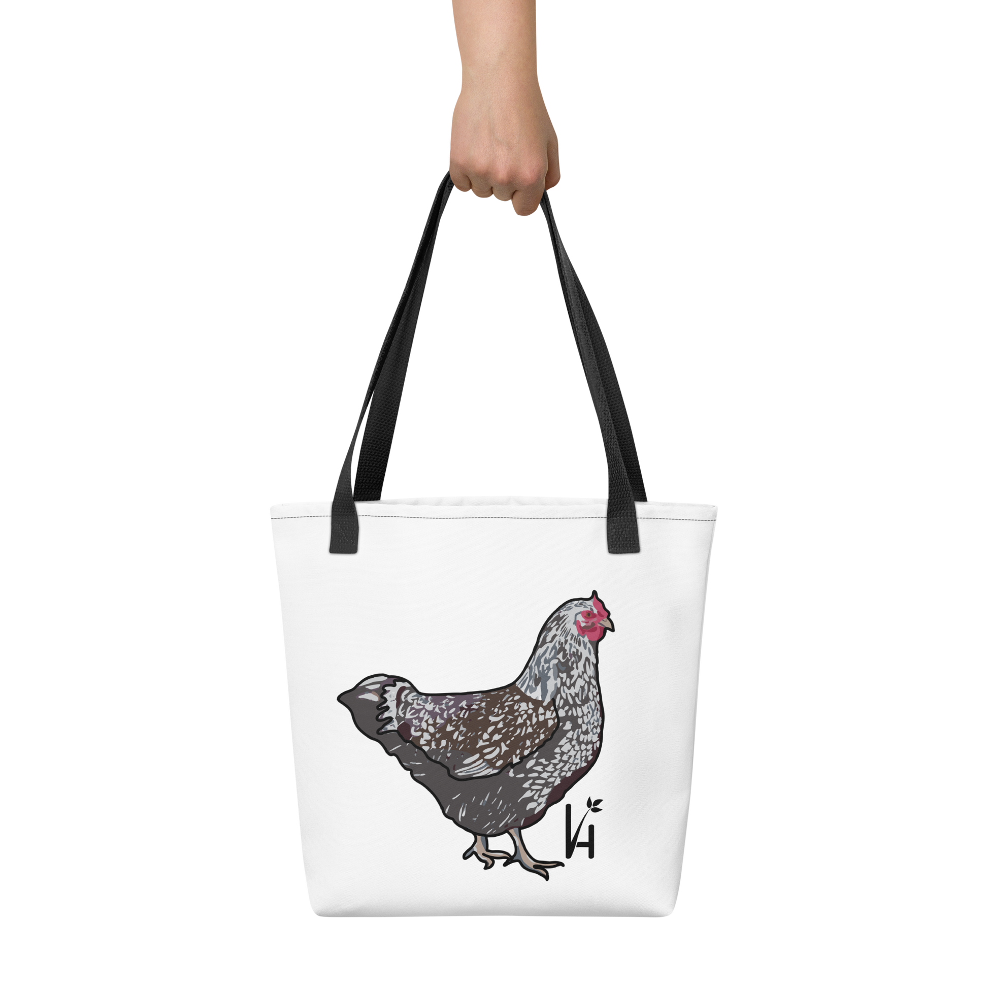 Wyandotte Chicken Polyester Tote Bag black handle hand holding bag