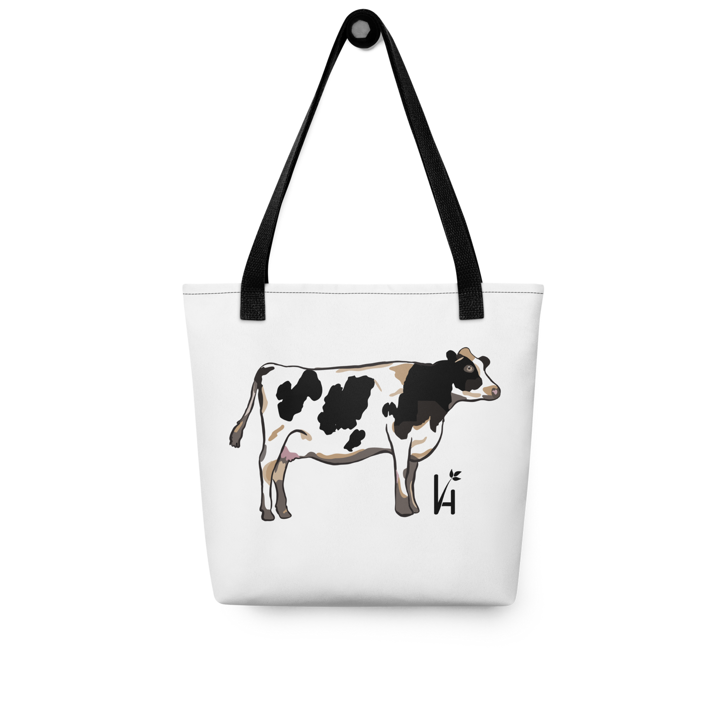 Holstein Cow Polyester Tote Bag hanging on hook