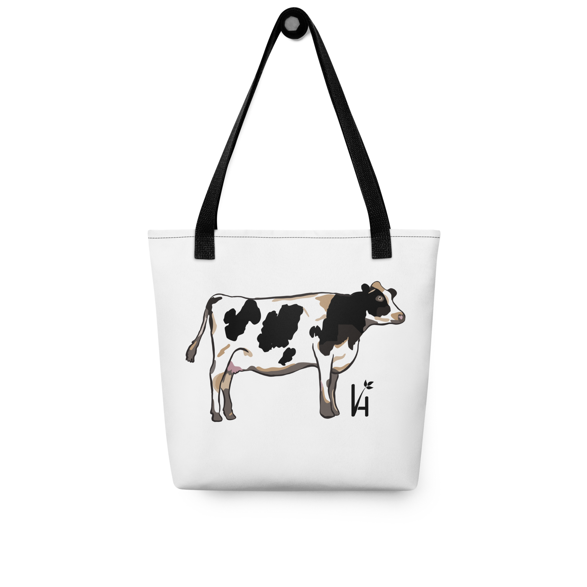 Holstein Cow Polyester Tote Bag hanging on hook