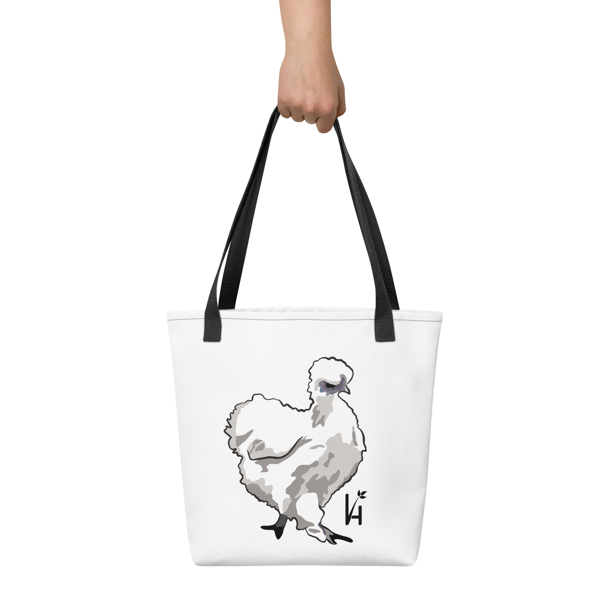 Silkie Chicken Polyester Tote Bag hand holding bag