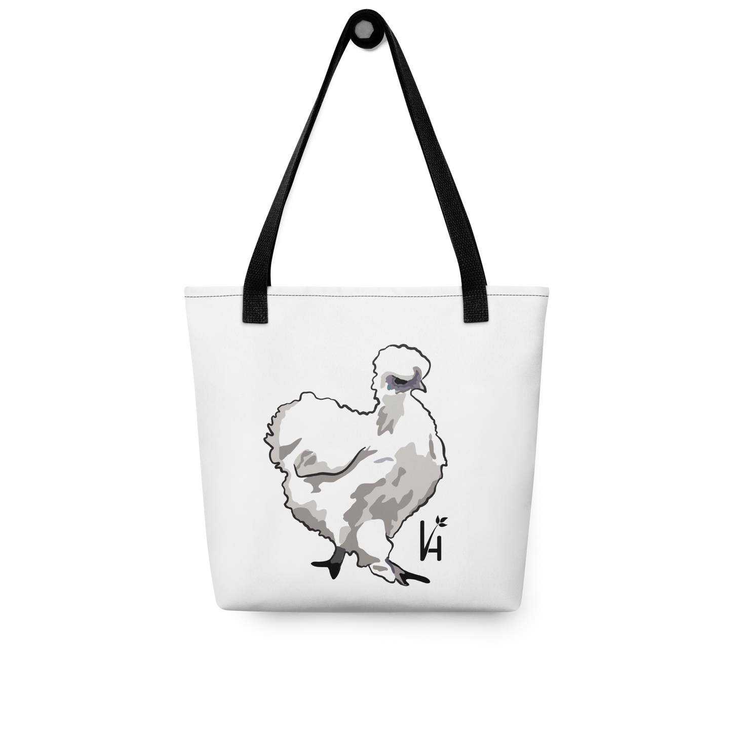 Silkie Chicken Polyester Tote Bag hanging on hook