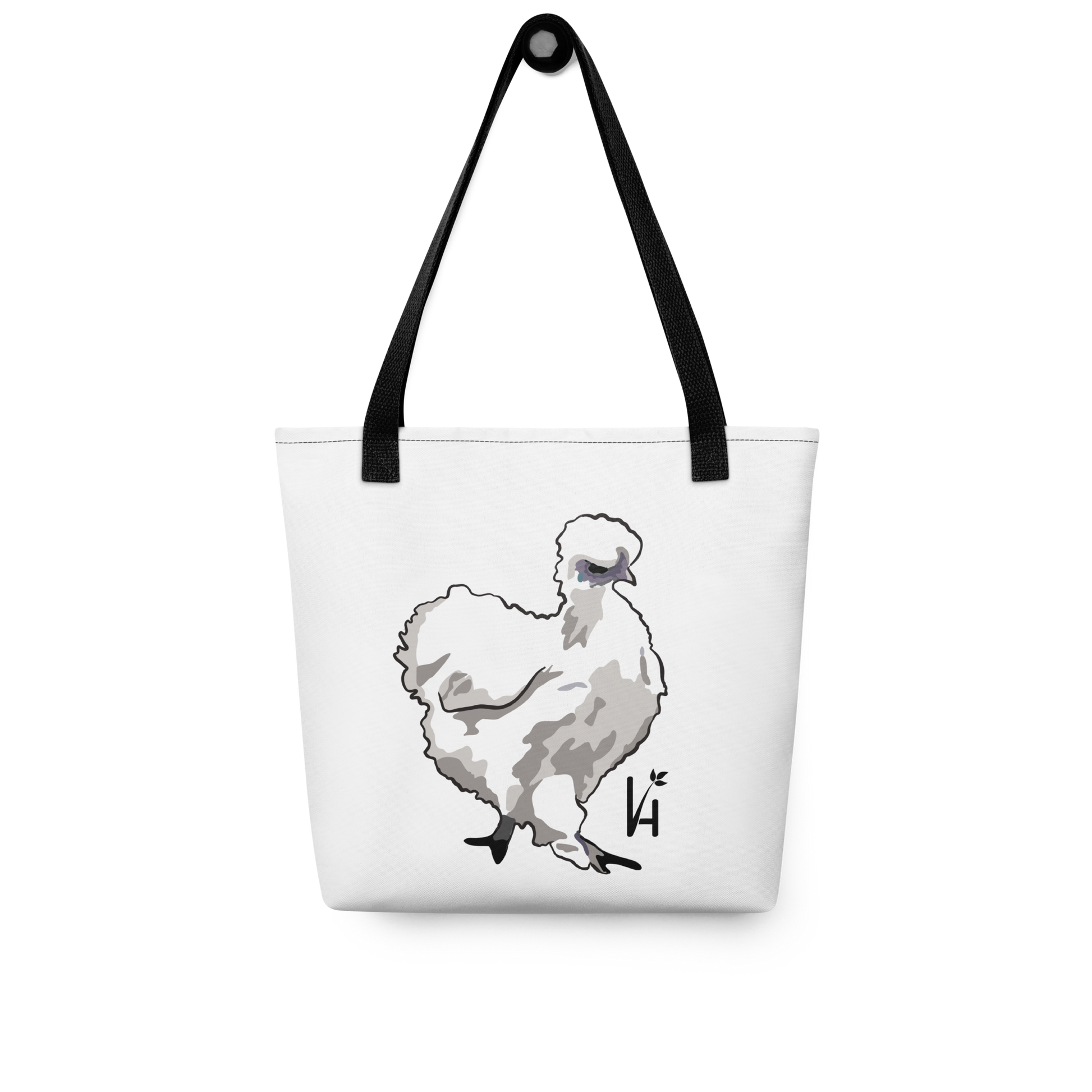 Silkie Chicken Polyester Tote Bag hanging on hook