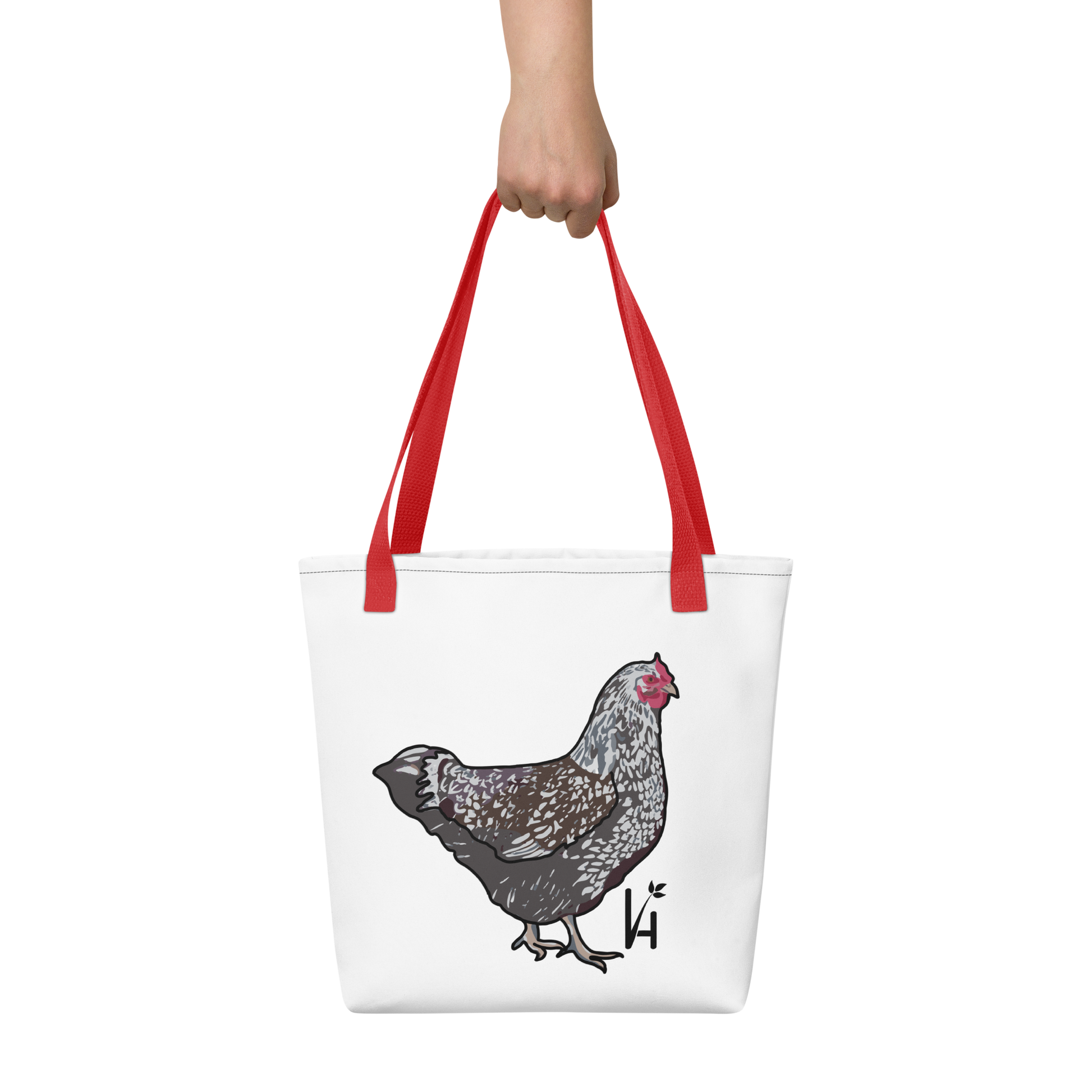 Wyandotte Chicken Polyester Tote Bag red handle hand holding bag