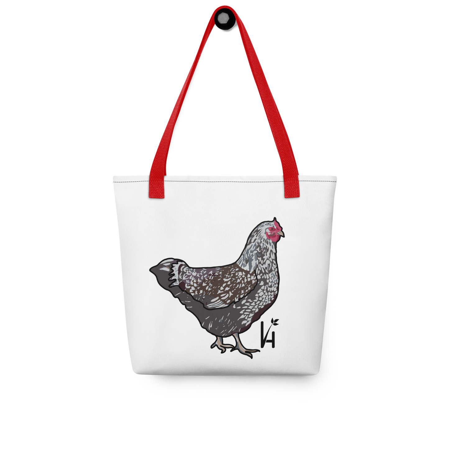 Wyandotte Chicken Polyester Tote Bag red handle hanging on hook