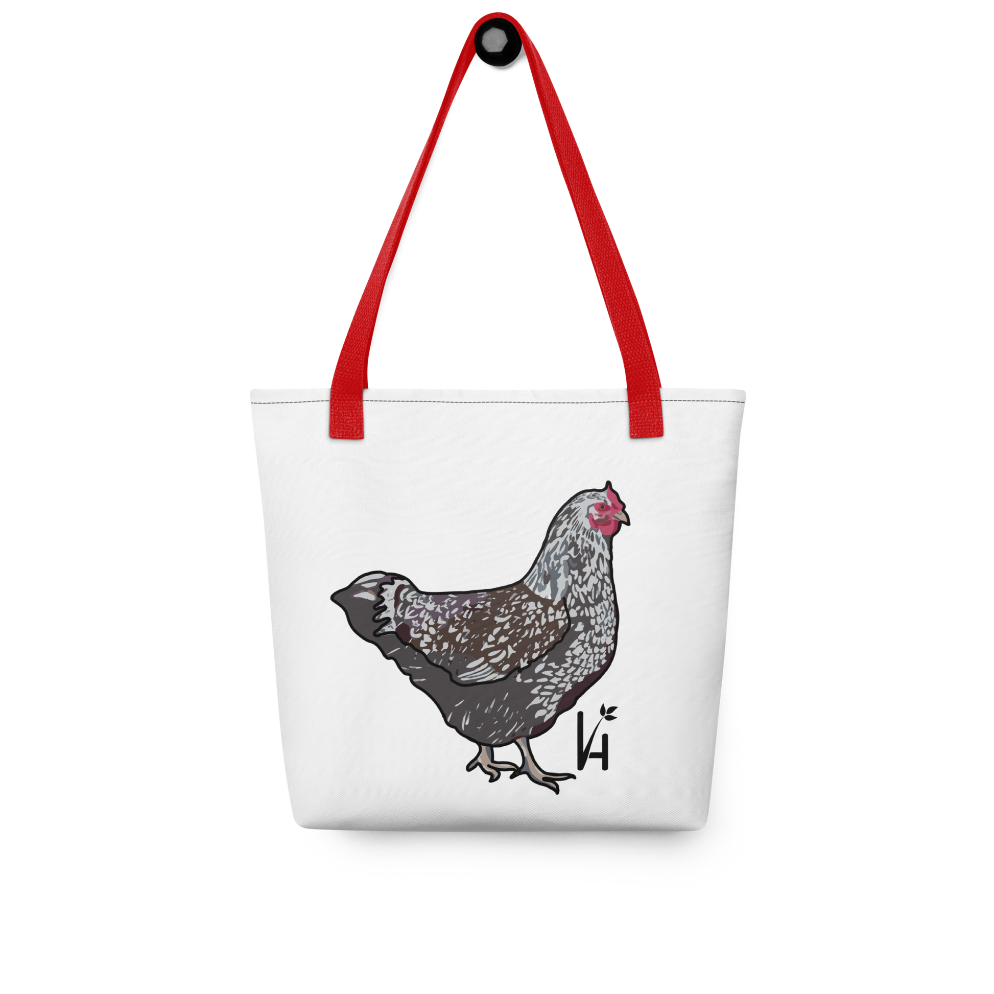 Wyandotte Chicken Polyester Tote Bag red handle hanging on hook