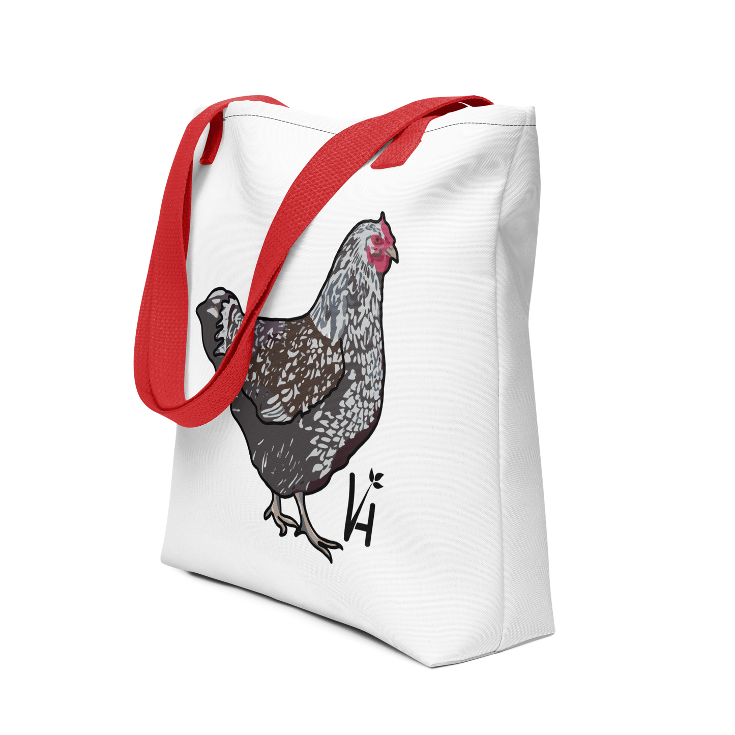 Wyandotte Chicken Polyester Tote Bag red handle 1/4 front view