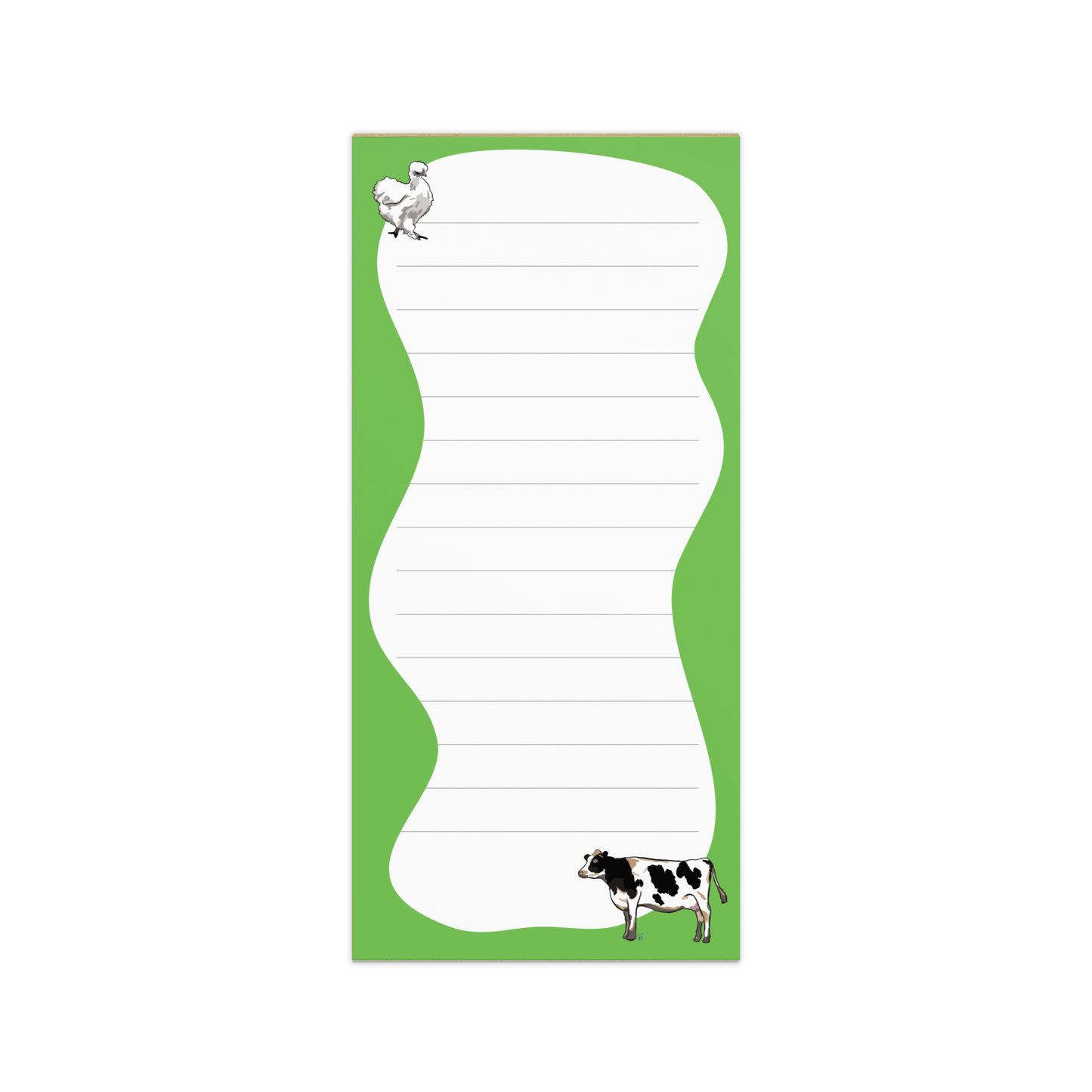 Silkie Chicken and Holstein Cow on Kelly Green with Lines Notepad