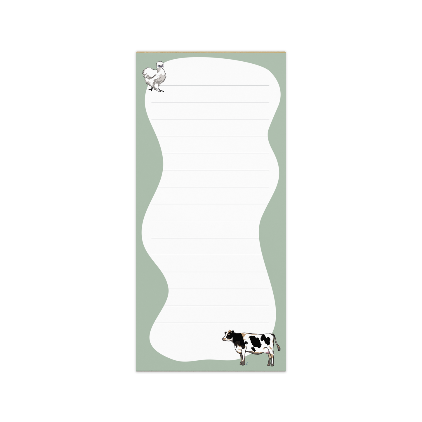 Silkie Chicken and Holstein Cow on Farmhouse Green with Lines Notepad