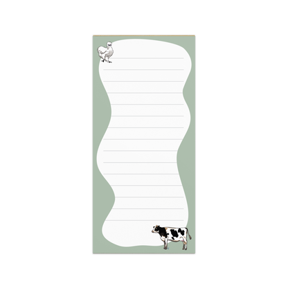 Silkie Chicken and Holstein Cow on Farmhouse Green with Lines Notepad