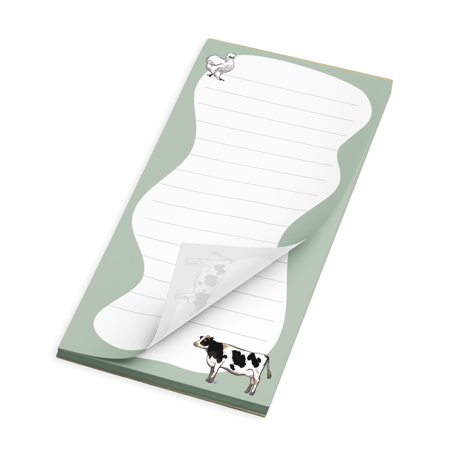 Silkie Chicken and Holstein Cow on Farmhouse Green with Lines Notepad