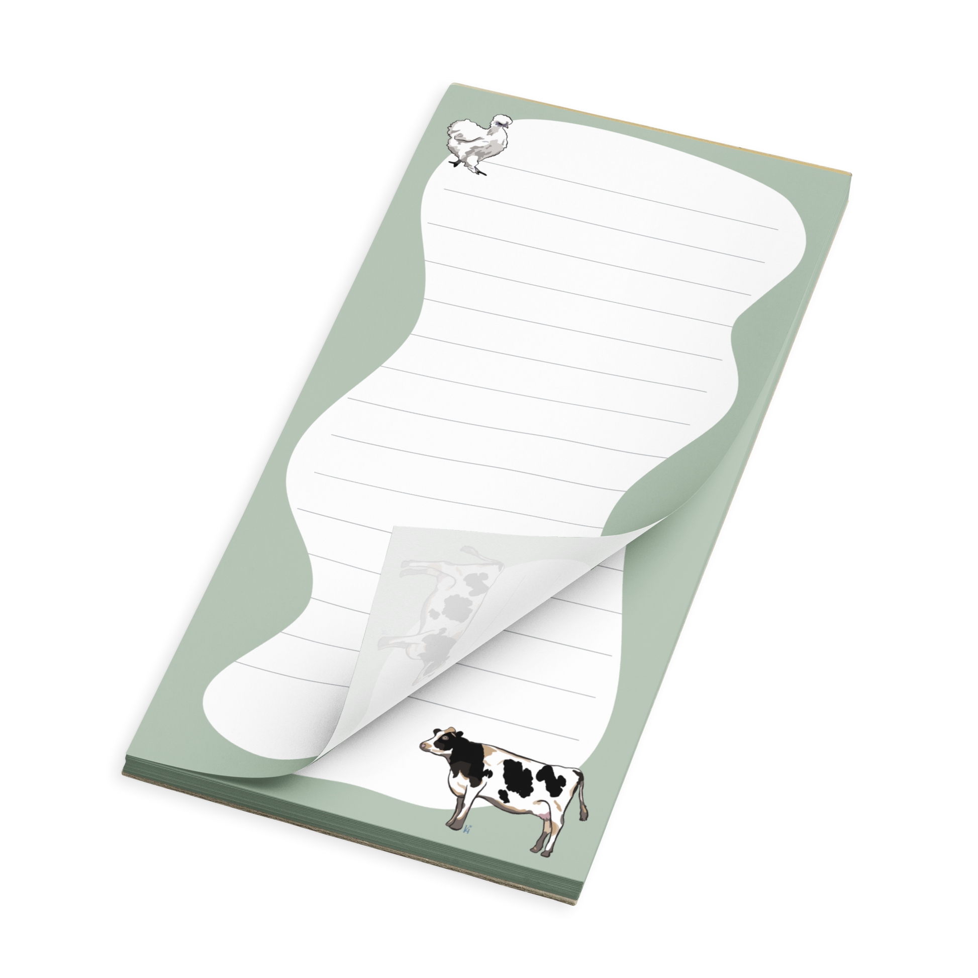 Silkie Chicken and Holstein Cow on Farmhouse Green with Lines Notepad