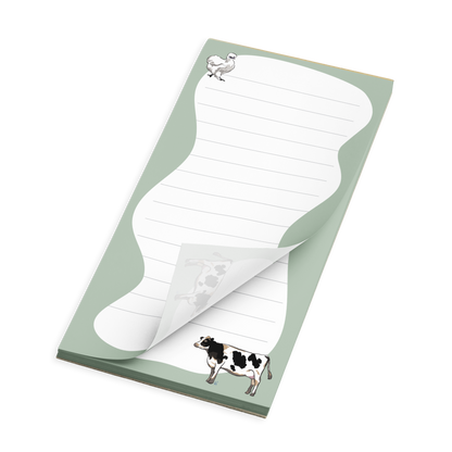 Silkie Chicken and Holstein Cow on Farmhouse Green with Lines Notepad