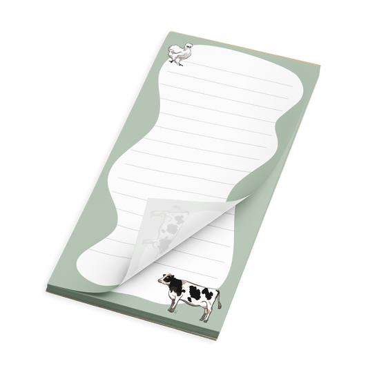 Silkie Chicken and Holstein Cow on Farmhouse Green with Lines Notepad
