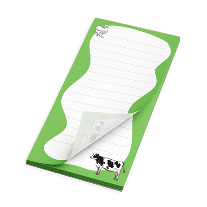 Silkie Chicken and Holstein Cow on Kelly Green with Lines Notepad