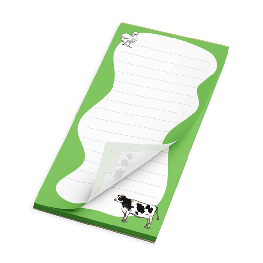 Silkie Chicken and Holstein Cow on Kelly Green with Lines Notepad