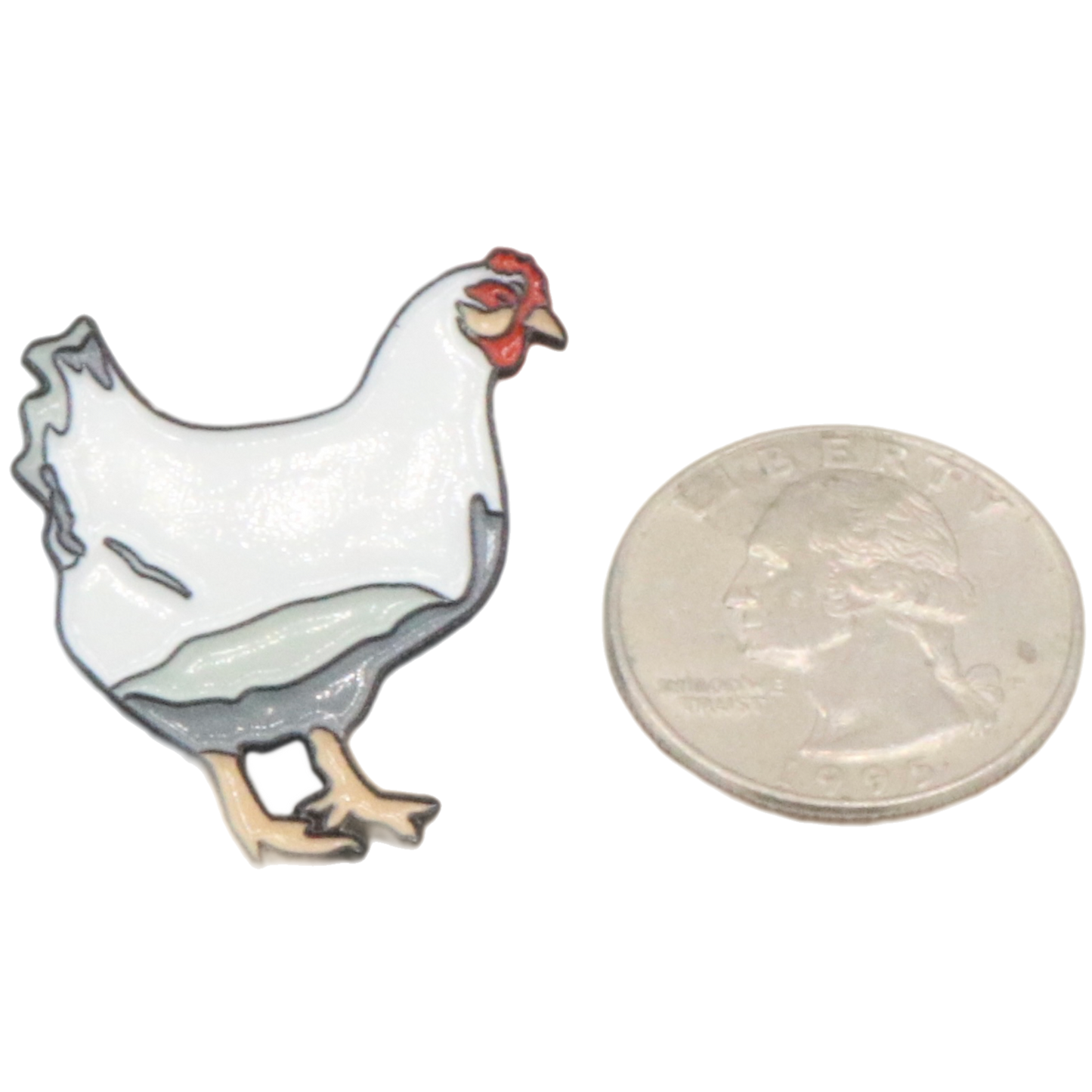 Broiler Chicken Pin front view next to quarter